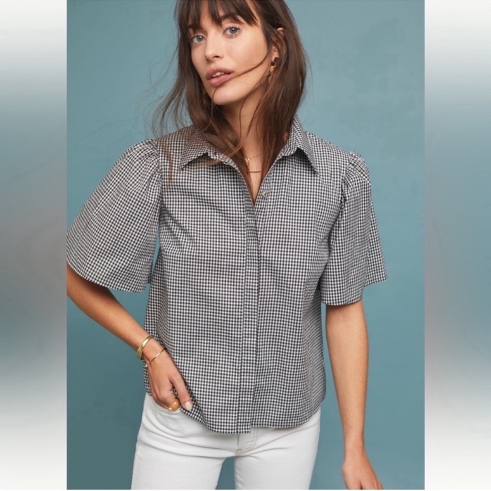 Anthropologie Black White Short Sleeve Gingham Button Up s M